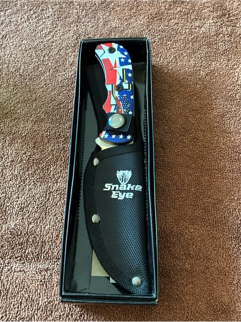 Snake Eye American Flag Folding Knife with Black Sheath